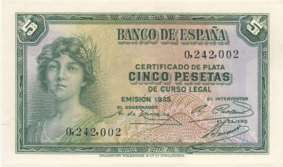 CRBS0860 BILLETE ESPAÑA 5 PESETAS EMISION 1935 SIN SERIE EBC+ 