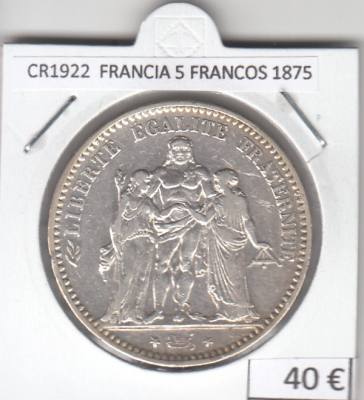 CR1922 MONEDA FRANCIA 5 FRANCOS 1875 PLATA 