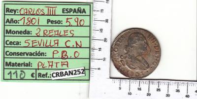 CRBAN252 MONEDA ESPAÑA 2 REALES 1801 CARLOS IV SEVILLA