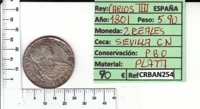 CRBAN254 MONEDA ESPAÑA 2 REALES 1801 CARLOS IV SEVILLA