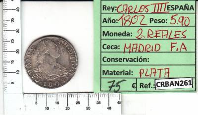 CRBAN261 MONEDA ESPAÑA 2 REALES 1802 CARLOS IV MADRID