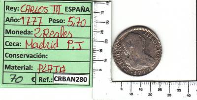 CRBAN280 MONEDA ESPAÑA 2 REALES 1777 CARLOS III MADRID
