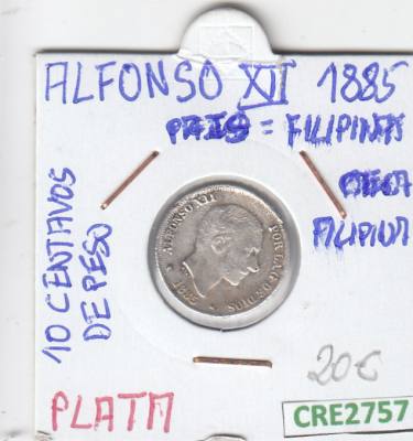 CRE2757 MONEDA ESPAÑA ALFONSO XII 10 CENTAVOS DE PESO 1885 FILIPINAS