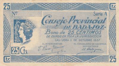 CRBL0071 BILLETE ESPAÑA BADAJOZ 25 CENTIMOS 1937