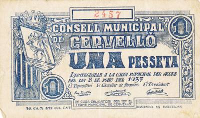 CRBL0076 BILLETE ESPAÑA CONSEJO MUNICIPAL CERVELLO 1 PESETA 1937 BC