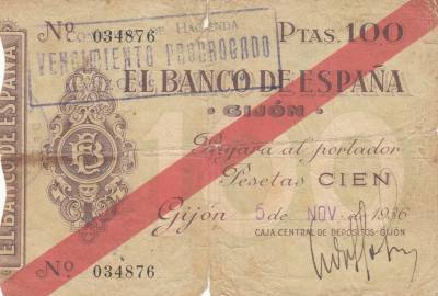 CRBL0082 BILLETE ESPAÑA GIJON 100 PESETAS 1936 BC CON ROTURAS