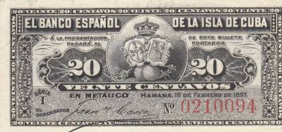 CRBX0330 BILLETE CUBA 20 CENTAVOS 1897 SIN CIRCULAR