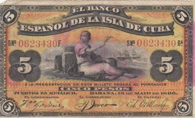 CRBX198 BILLETE CUBA 5 PESOS 1896 MBC