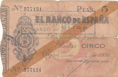 CRBL0100 BILLETE ESPAÑA LOCAL GIJON 5 PESETAS 1936 USADO