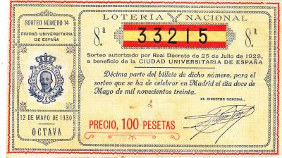 CRBL0106 BILLETE LOTERIA NACIONAL 1928 100 PESETAS MBC