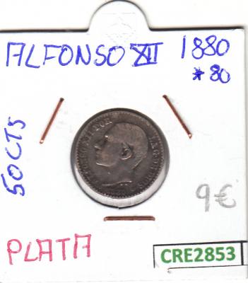CRE2853 MONEDA ESPAÑA ALFONSO XII 50 CENTIMOS 1880*80 PLATA BC