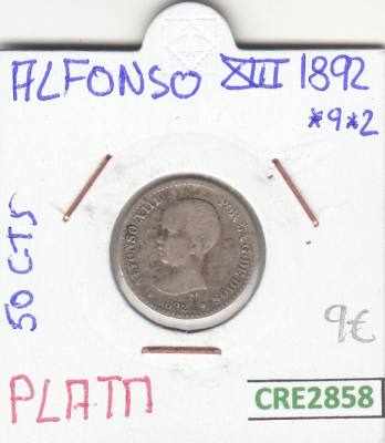 CRE2858 MONEDA ESPAÑA ALFONSO XIII 50 CENTIMOS 1892 *9*2 PLATA BC