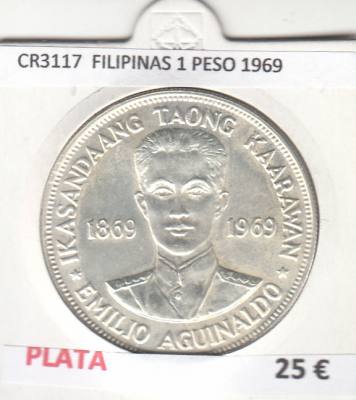 CR3117 MONEDA FILIPINAS 1 PESO 1969 MBC PLATA