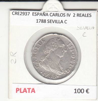CRE2937 MONEDA ESPAÑA CARLOS IV  2 REALES 1788 SEVILLA C PLATA