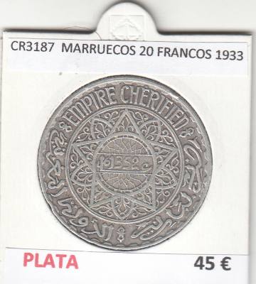 CR3187 MONEDA MARRUECOS 20 FRANCOS 1933 MBC PLATA