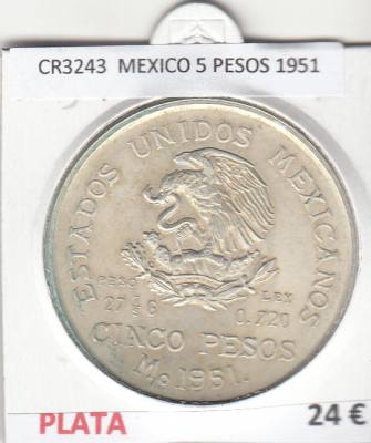 CR3243 MONEDA MEXICO 5 PESOS 1951 PLATA
