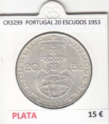 CR3299 MONEDA PORTUGAL 20 ESCUDOS 1953 MBC PLATA