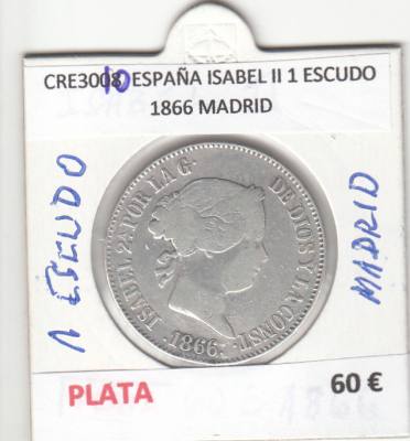 CRE3010 MONEDA ESPAÑA ISABEL II 1 ESCUDO 1866 MADRID PLATA