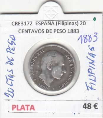 CRE3172 MONEDA ESPAÑA (Filipinas) 20 CENTAVOS DE PESO 1883 MBC PLATA