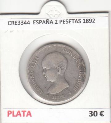 CRE3344 MONEDA ESPAÑA 2 PESETAS 1892 BC PLATA