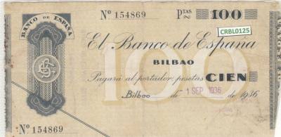 CRBL0125 BILLETE LOCAL BILBAO 100 PESETAS 1936 MBC