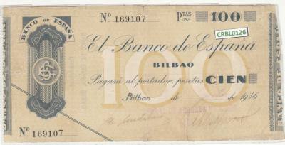 CRBL0126 BILLETE LOCAL BILBAO 100 PESETAS 1936 MBC