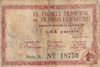 CRBL0157 BIILLETE LOCAL VILANOVA DE LA GELTRU 1 PESETA 1937 MC