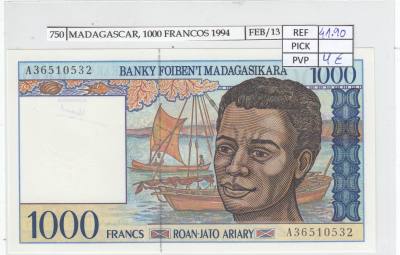 BILLETE MADAGASCAR 1.000 FRANCOS 1994 P-76a SIN CIRCULAR