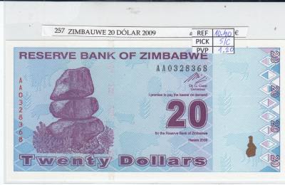 BILLETE ZIMBABWE 20 DOLARES 2009 P-95 SIN CIRCULAR