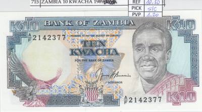 BILLETE ZAMBIA 10 KWACHA 1989 P-31b SIN CIRCULAR