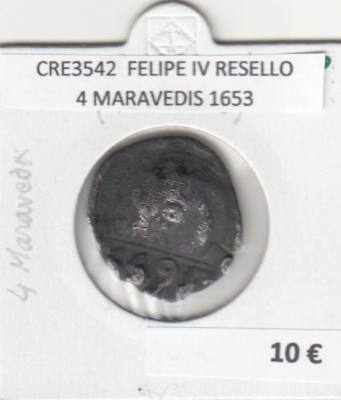 CRE3542 MONEDA ESPAÑA FELIPE IV RESELLO 4 MARAVEDIS 1653