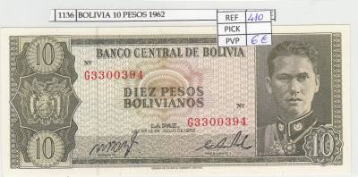 BILLETE BOLIVIA 10 PESOS 1962 P-154a.17 N01136