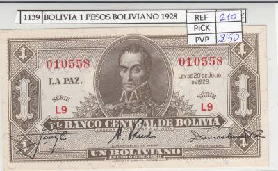 BILLETE BOLIVIA 1 PESO BILLETE BOLIVIANO 1928 P-128a.3 N01139