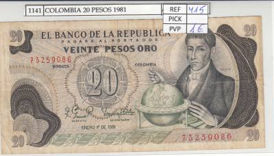 BILLETE COLOMBIA 20 PESOS 1981 P-409d.2 N01141