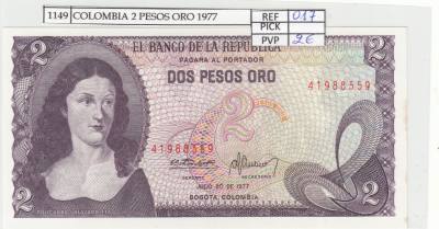 BILLETE COLOMBIA 2 PESOS ORO 1977 P-413b.3 N01149