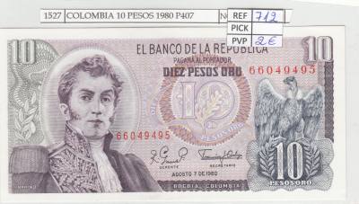 BILLETE COLOMBIA 10 PESOS 1980 P-407g.2 N01527