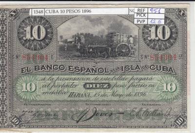 BILLETE CUBA 10 PESOS 1896 P-49d N01548