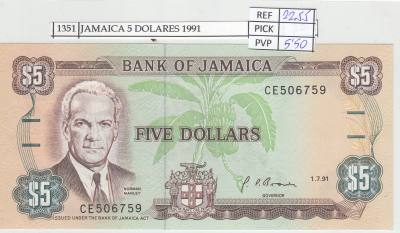 BILLETE JAMAICA 5 DOLARES 1991 P-70d.1