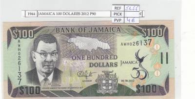 BILLETE JAMAICA 100 DOLARES 2012 P-90