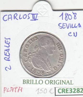CRE3282 MONEDA ESPAÑA CARLOS IV 2 REALES 1808 SEVILLA BO PLATA MBC