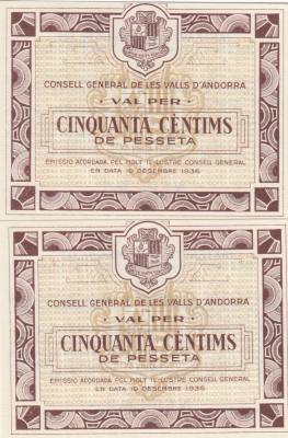CRBS1291 PAREJA CORRELATIVA BILLETES ANDORRA 50 CENTIMOS 1936 SIN CIRCULAR