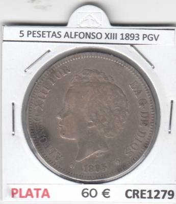 CRE1279  MONEDA ESPAÑA 5 PESETAS ALFONSO XIII 1893 PGV  MBC+