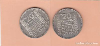LOTE 2 MONEDAS FRANCIA 20 FRANCOS 1933