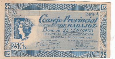 CRBL0071 BILLETE ESPAÑA BADAJOZ 25 CENTIMOS 1937
