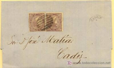 MADRID A CÁDIZ, CARTA CON SELLO N.º 98 MATASELLADO CON PARRILLA DE 1852