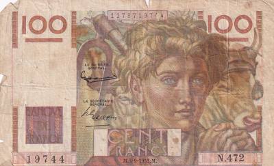 CRBX1468 BILLETE FRANCIA 100 FRANCOS 1952 USADO CON ROTURAS