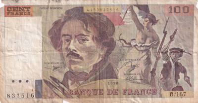 CRBX1471 BILLETE FRANCIA 100 FRANCOS 1990 USADO CON ROTURAS