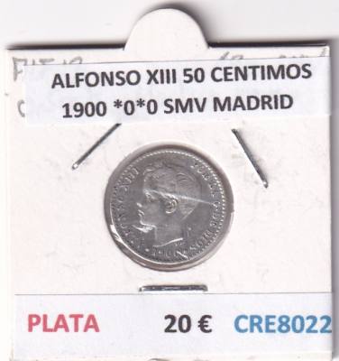 CRE8022 MONEDA ESPAÑA ALFONSO XIII 50 CENTIMOS 1900 *0*0 SMV MADRID 