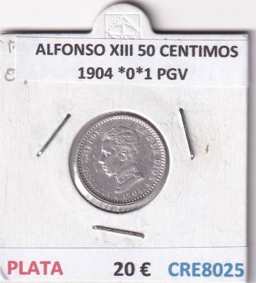 CRE8025 MONEDA ESPAÑA ALFONSO XIII 50 CENTIMOS 1904 *0*1 PGV PLATA