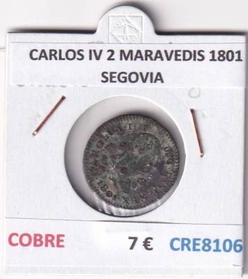 CRE8106 MONEDA ESPAÑA CARLOS IV 2 MARAVEDIS 1801 SEGOVIA COBRE
